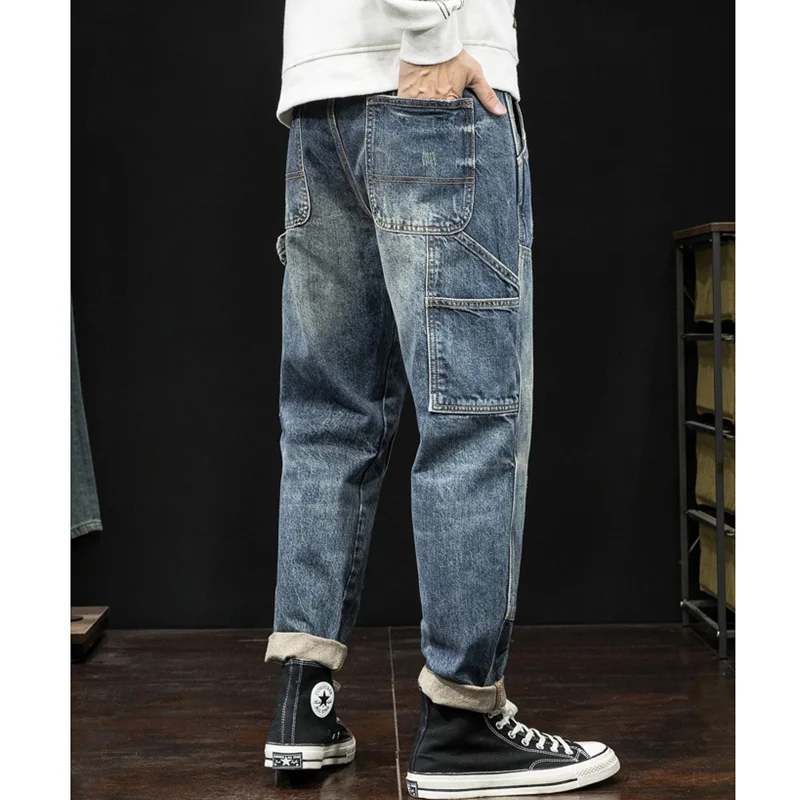 Streetwear Men New Pattern Recreational  Straight Cylinder  Black Jeans Multiple Pockets Large  Loose Trousers Autumn Female Sex