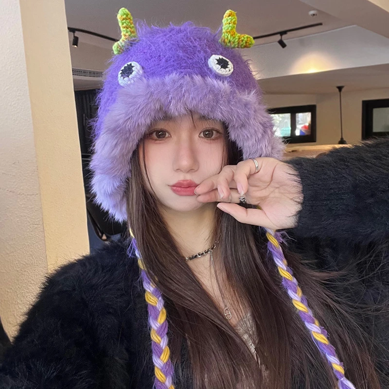 

Cartoon Dragon Horn Funny Plush Women's Hats Autumn and Winter Street Snap Fashion Ear Protection Warm Knitted Bomber Caps