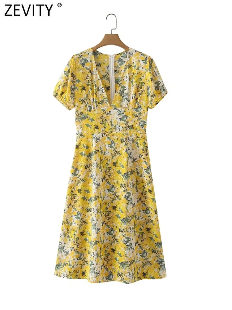 

ZEVITY 2022 Women Fashion Flower Print Yellow A Line Dress Female Chic V Neck Short Sleeve Back Zipper Summer Vestidos DS9331
