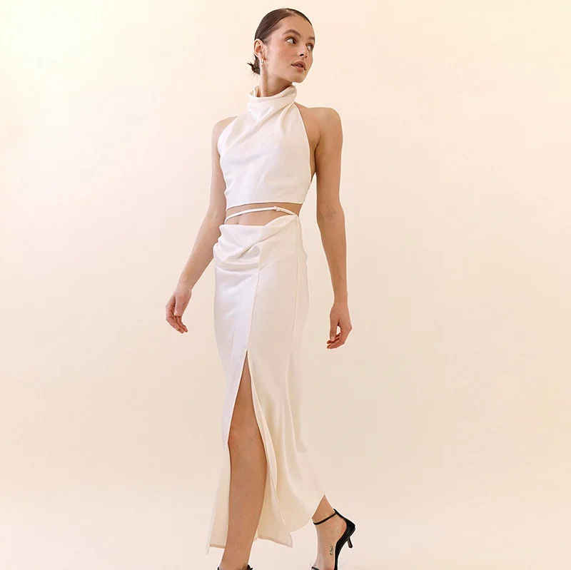 

Zabrina женская одежда 2022, Модный комплект из 2 предметов, однотонный укороченный топ с открытой спиной и юбка миди с Боковым Разрезом, женские к...