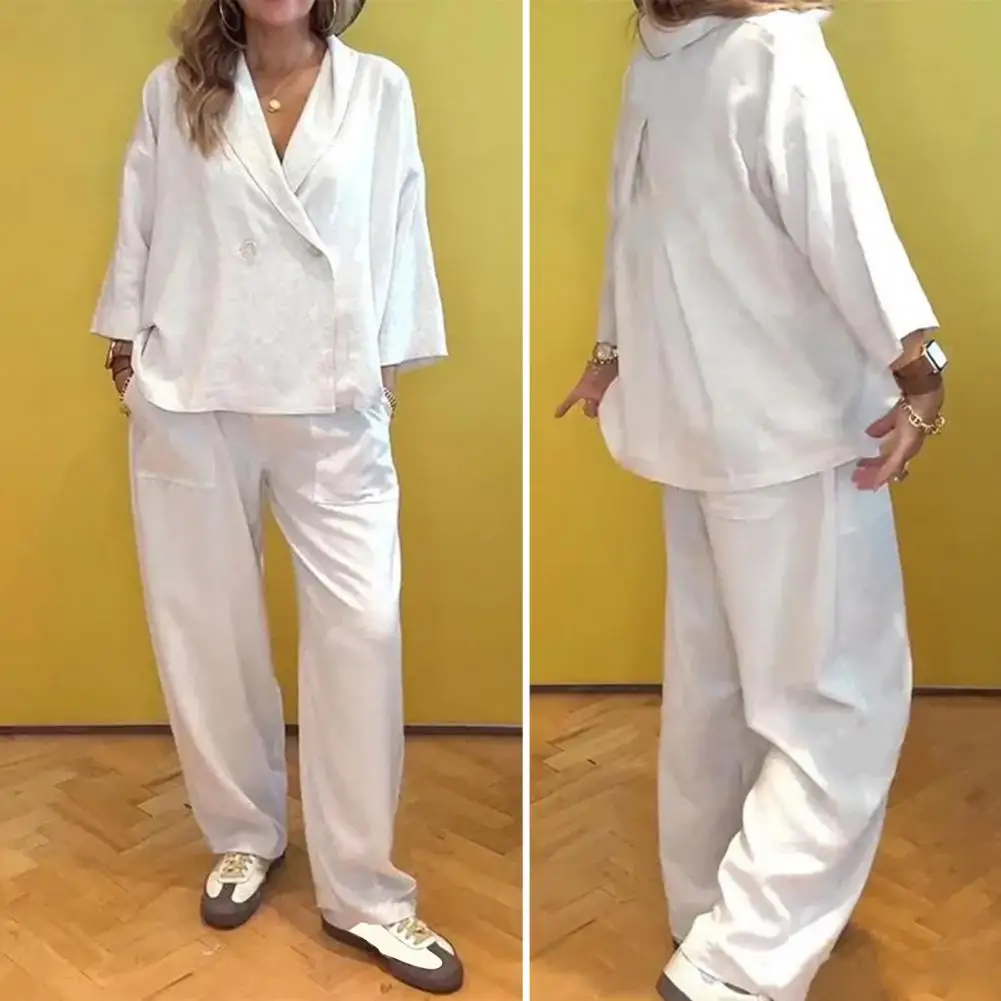 Женский костюм из двух предметов стильный двубортный пиджак и брюки с широкими