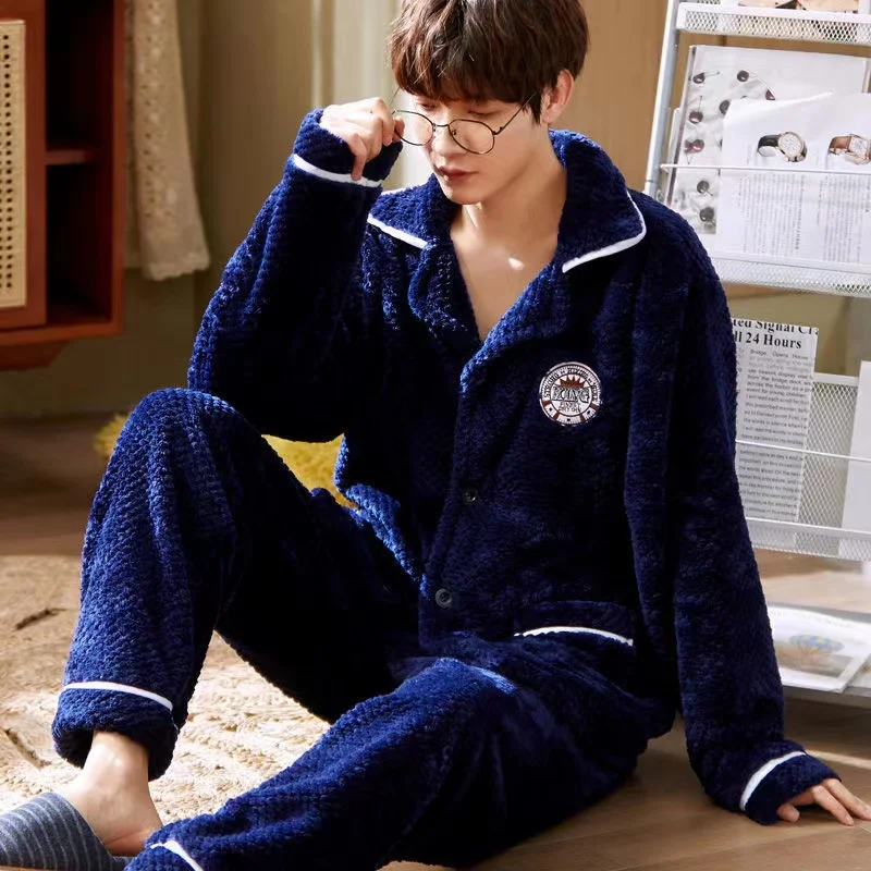 Flannel Pajama Sets For Men Turn-Down Collar Homewear Pyjamas Thicken Warm Coral Fleece 2Pcs/Set Tops + Pants Lounge Sleepwear