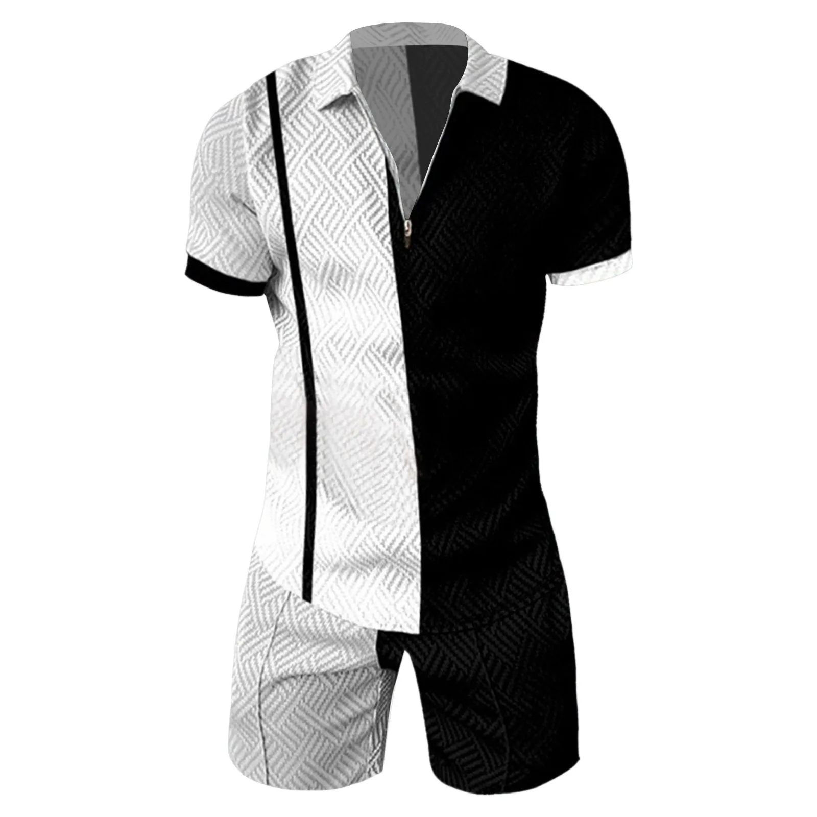 Male Casual 2 Piece Suit Stripe Print Zipper Polo Shirt Color Block Breathable Shorts  Male Set Ropa Hombre Beachwear Conjuntos