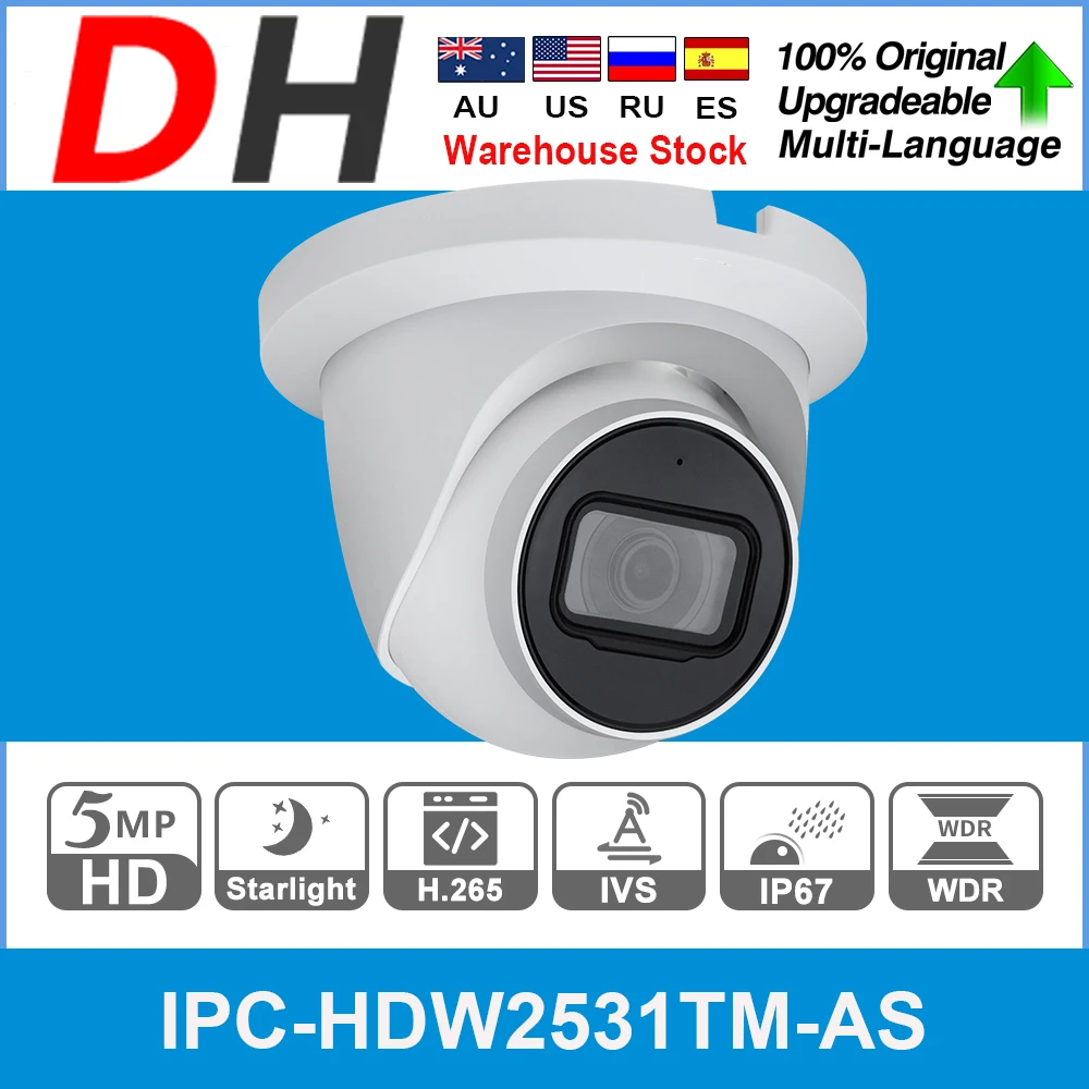 

Original Dahua IPC-HDW2531TM-AS-S2 5MP POE Built-in Mic SD Card Slot H.265+ 30M IR IVS WDR IP67 Starlight Eyeball IP Camera