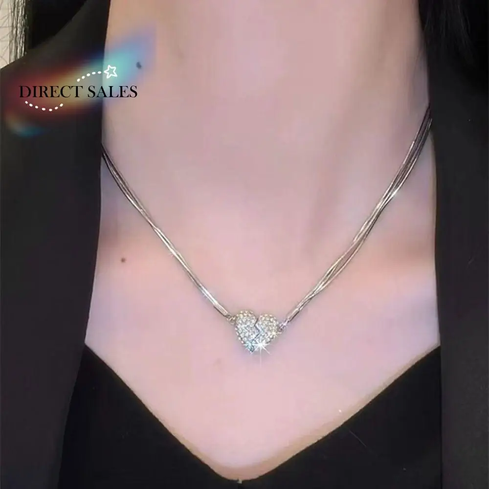 

Zircon Heart Magnet Necklace Luxury Fashion Elegant Silver Color Y2K Magnetic Crystal Pendant Clavicle Chain For Women Girl