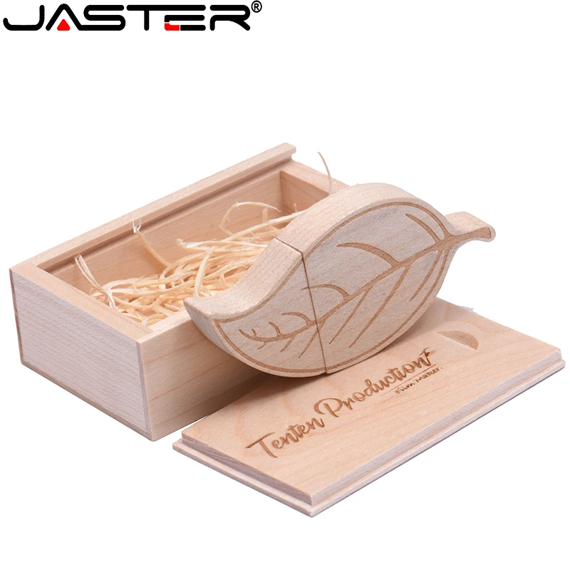 

JASTER Leaf USB Flash Drives 128GB Wooden Box Memory Stick Free Custom Logo Pen Drive 64GB Creative Photography Studio Gift 32GB