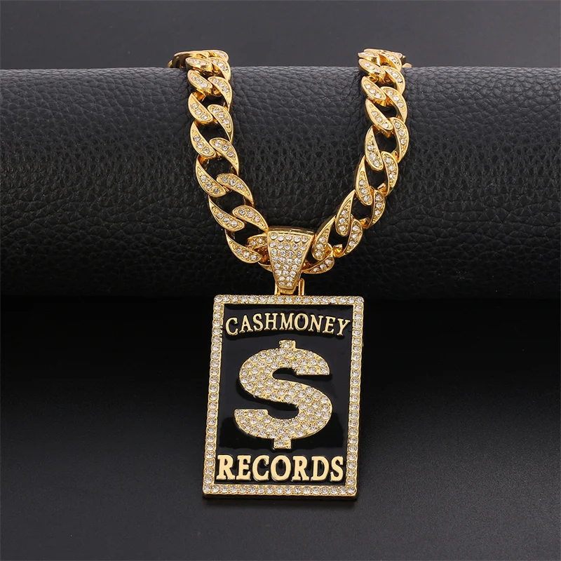 Goth Dollar Sign Cash Money Records Iced Out Pendant Necklace Cuban Chain Hip Hop Jewlery Street Rapper Boyfriend Gift