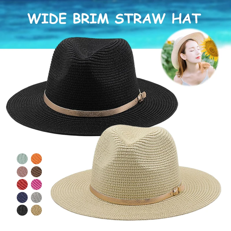 

Шляпа женская Соломенная для пляжа, праздничная пляжная шапка с золотым ремнем, модная уличная шапка-федора для джаза с защитой от солнца, унисекс, лето