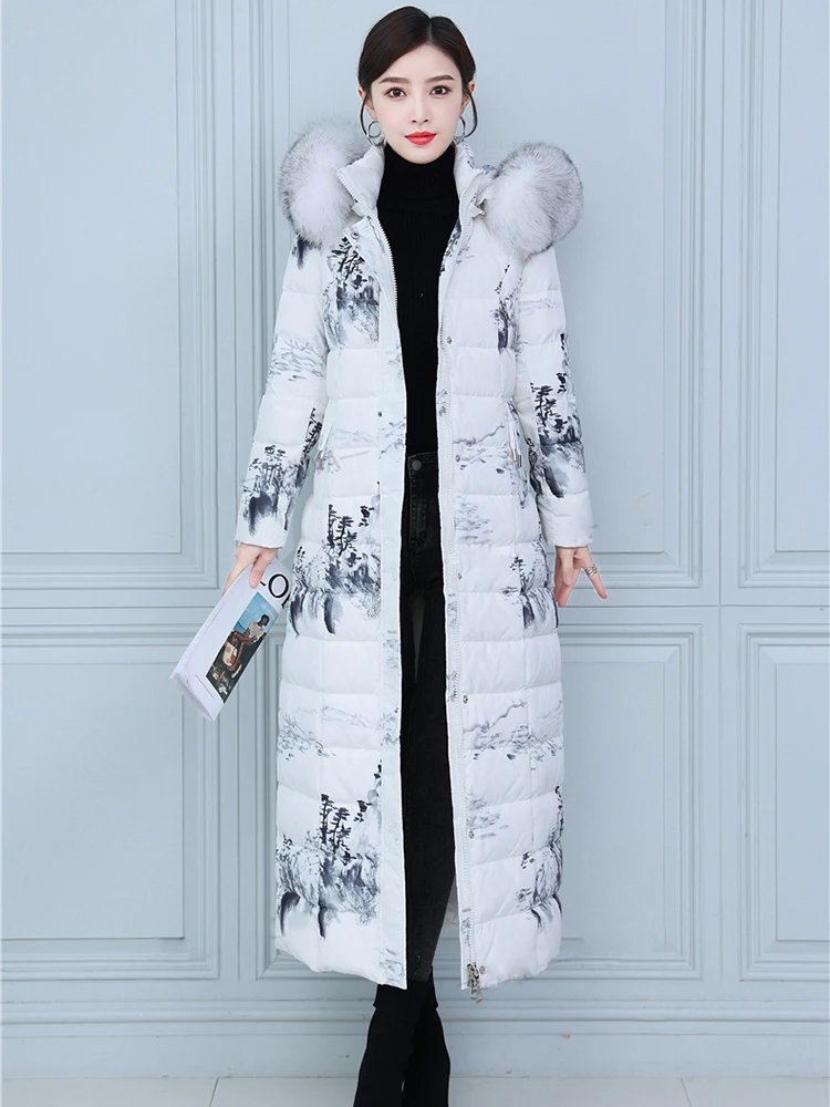 New Women Thicken Warm Down Coat Winter Fashion Real Fox Fur Collar Landscape Print Lengthened Down Jacket Slim Overcoat Female