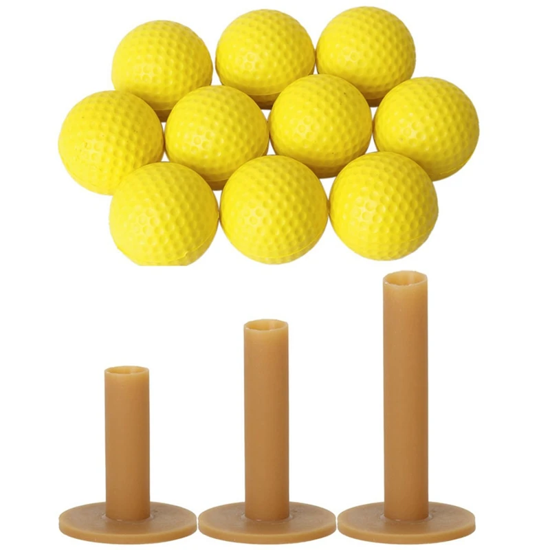 

10Pcs Yellow Soft Elastic Indoor Practice PU Golf Ball & 3X Golf Tees Coffee Durable Tee Driving Range 60/ 70/ 80 Mm