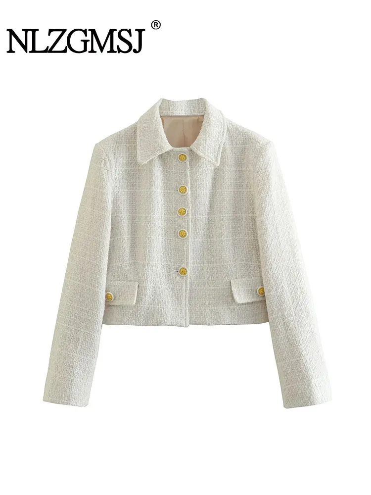 

Nlzgmsj TRAF Spring Women Tweed Blazer Jacket Long Sleeve Buttons Fitted Office Suit Female Chic Coat Crop Top Outwear
