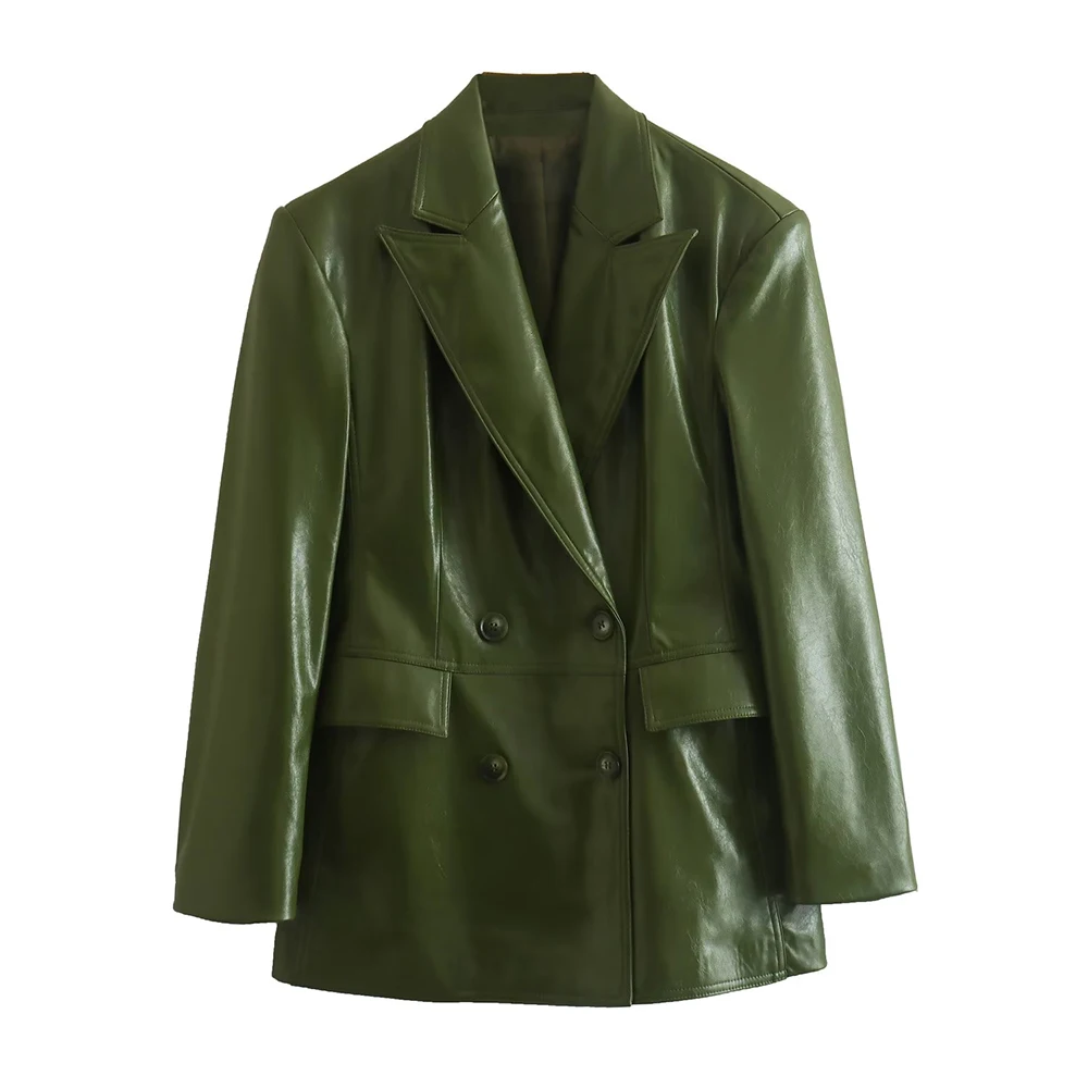 Women's autumn and winter 2022 new casual fashion chic imitation leather double-breasted blazer jacket + bell bottoms Mujer