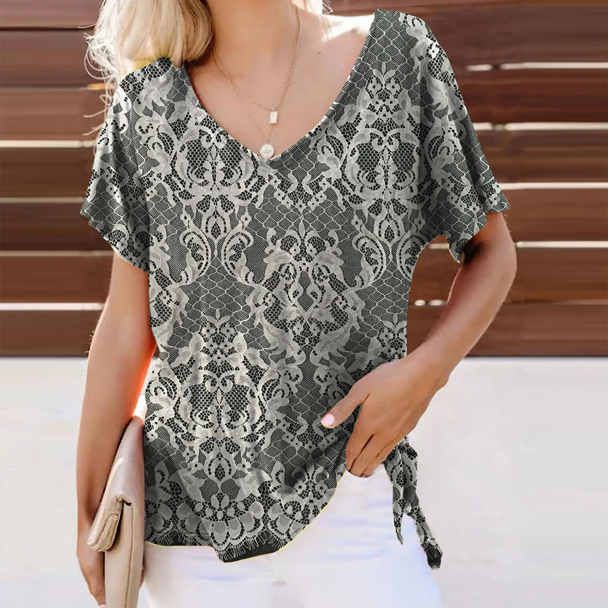 

Floral T Shirt For Women Simple Wind Blouse V Neck Casual Short Sleeve Tees Oversized Daily Streetwear Female Fashion Sweatshirt