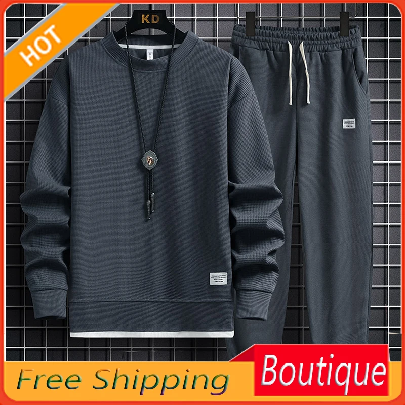 Spring 2023 New round Neck Waffle Sweater Suit Men's Loose Fashion Casual Pants Sports Two-Piece Long-Sleeved Trousers