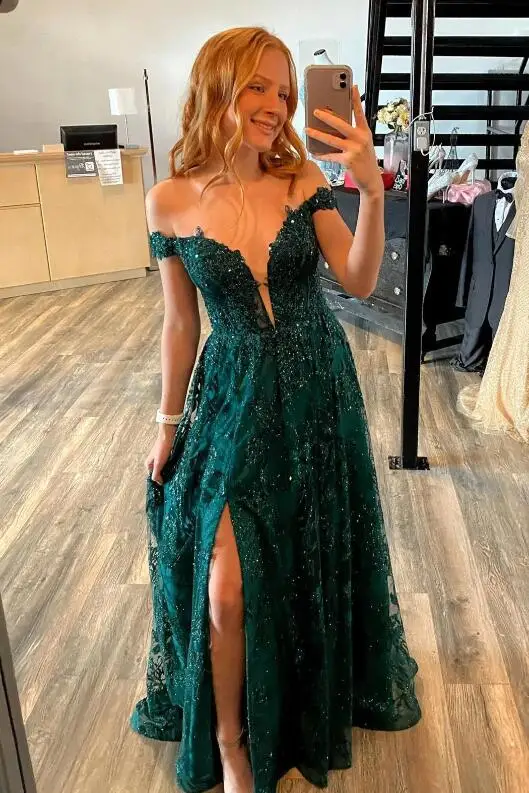 

Deep Green Sparkle Party Dress with Lace Appliques Beads