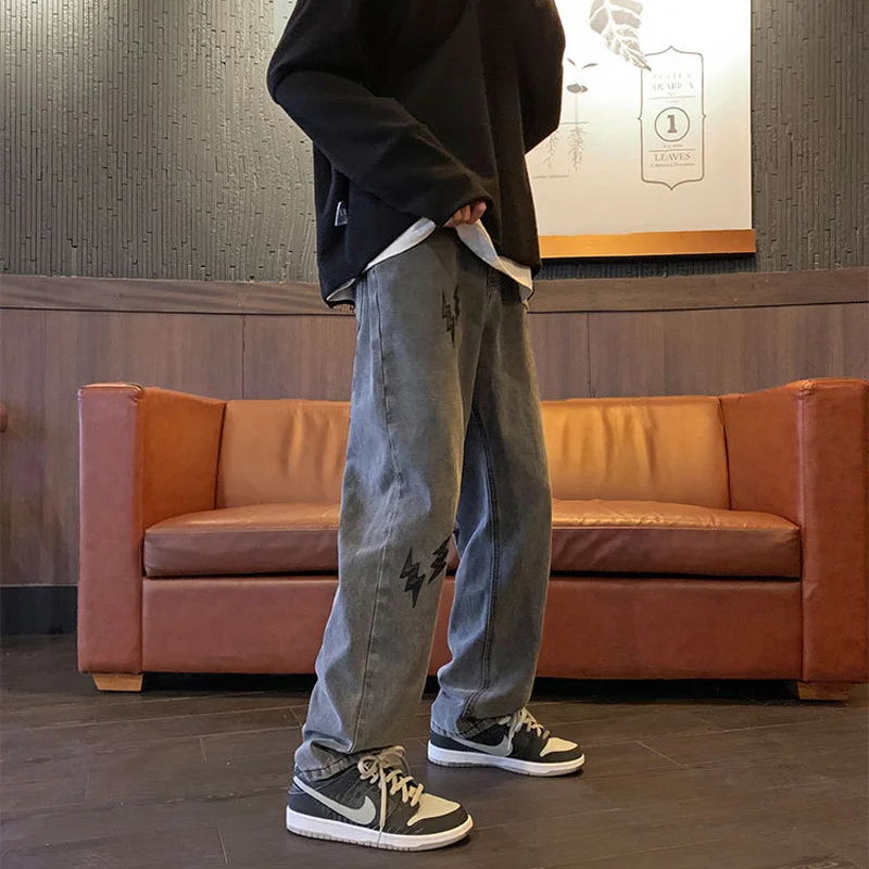 Four Seasons Men Jeans High Street Retro Embroidery Fashion Straight Loose Fashion Streetwear Brand Trousers Ins Hot Sale JEANS