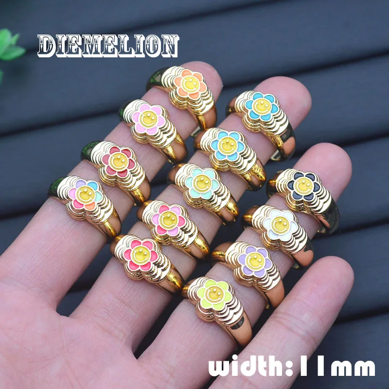 

10pcs/Lot Cute Smile Face Open Rings Candy Color Enamel Flower Finger Ring for Women Girl Best Birthday Party Jewelry Gifts