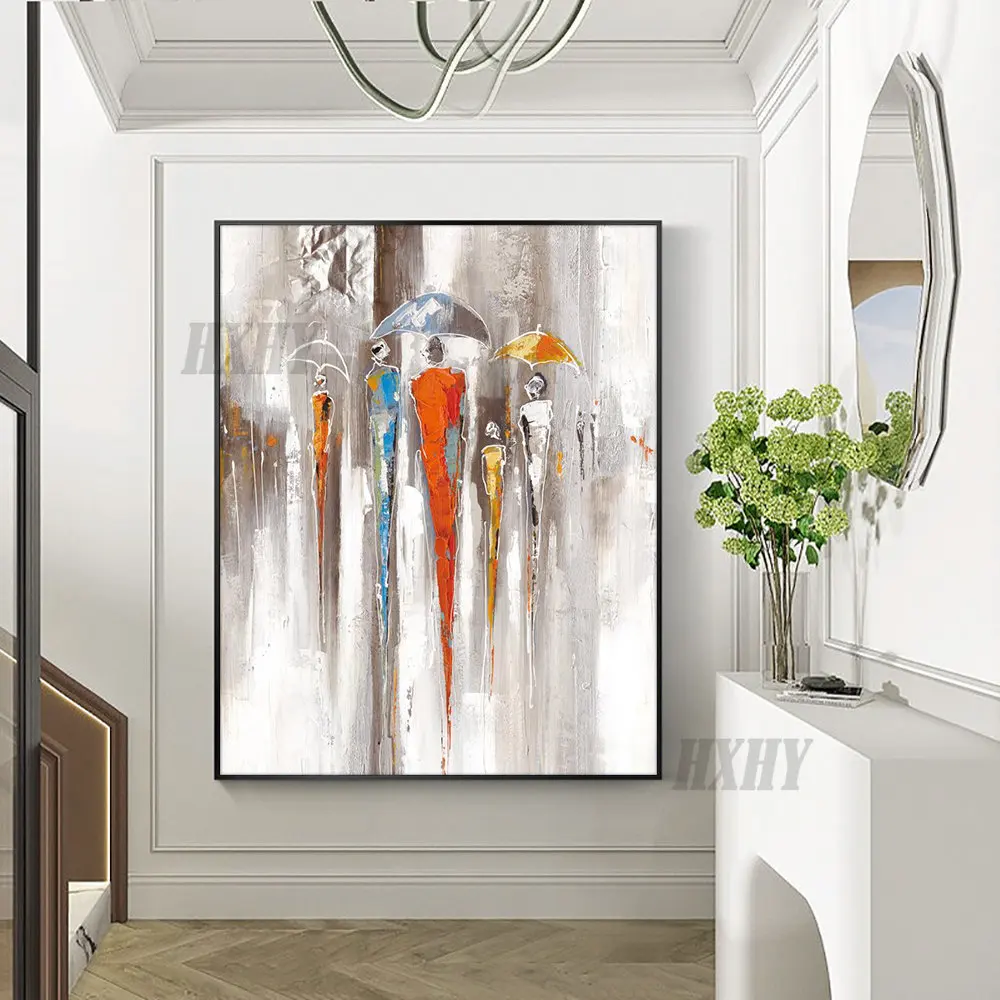 

Абстрактные люди под дождем с зонтиками 100% ручная роспись маслом на холсте абстрактное настенное украшение для гостиной