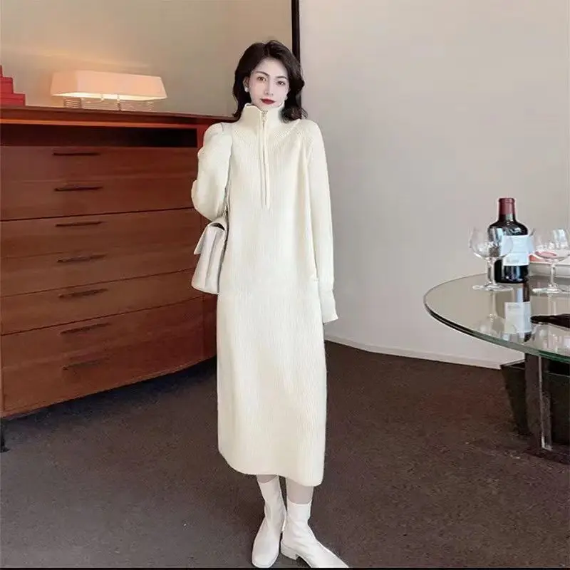 

Ladies Long Knitted Dress Women Clothes Autumn And Winter Casual Turn-down Collar Black Loose Sweater Vestidos Robe Longue Femme