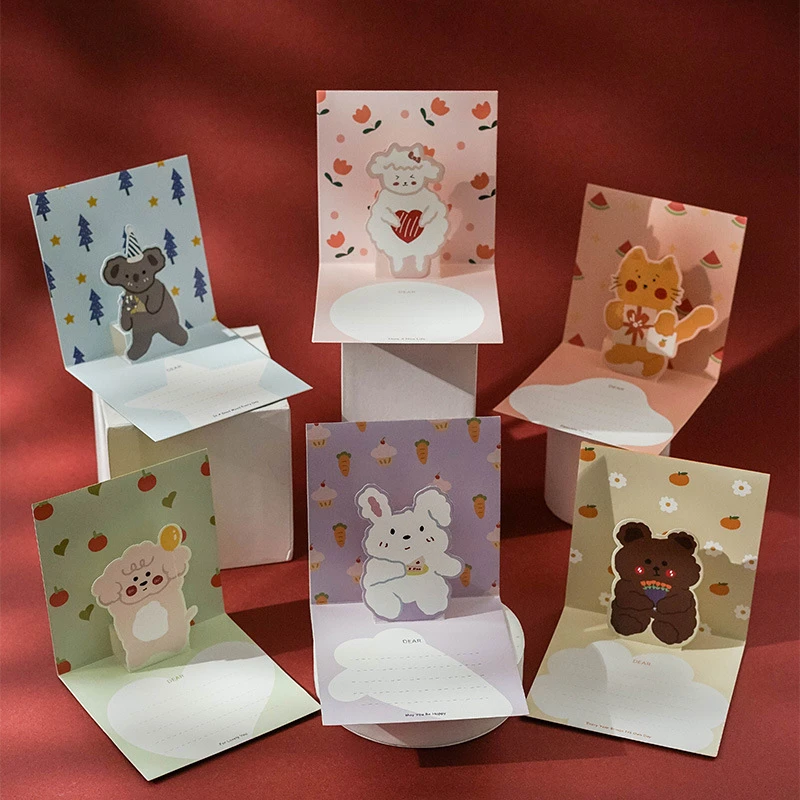 

250set Cute Cartoon Greeting Card 3D Birthday Pop-Up Message Cards Postcards Gifts with Envelope and Stickers Children's Day