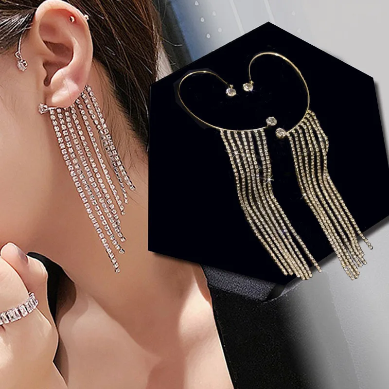 

European and American Geometric C-shaped Luxury Flash Drill Tassel Earrings Show Thin Personality Without Ear Hole Ear Clip