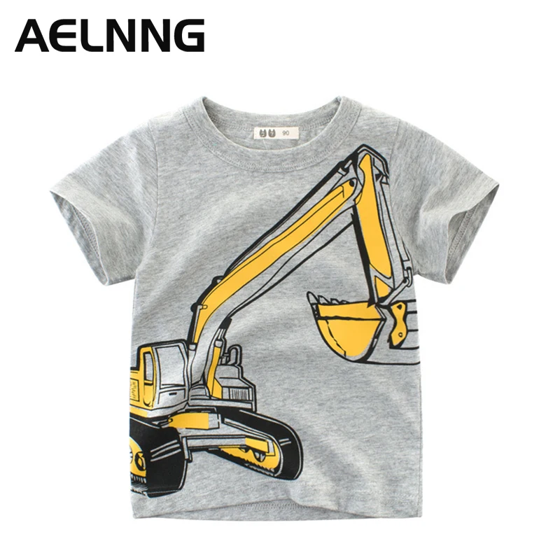 

Children's T-shirts Summer Cotton Short Sleeve Tops Cartoon Excavator Leisure T-shirt For Boy 1-9Y Grey Kids Clothing 9121