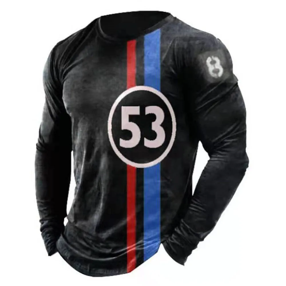 

Retro Fashion Racing No. Print Imitation Cotton Men's T-shirts Vintage O-Neck Long Sleeve Spring Summer Men Clothing Large Size