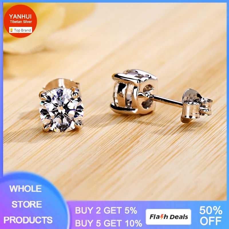 

YANHUI Authentic 925 Silver Needle Earrings Classic Round Clear Cubic Zircon Small Stud Earrings for Women Fine Wedding Jewelry