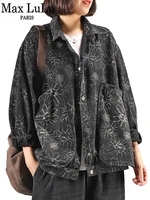 max lulu korean fashion 2021 autumn women black denim vintage jackets ladies buttons casual coats female loose printed clothes