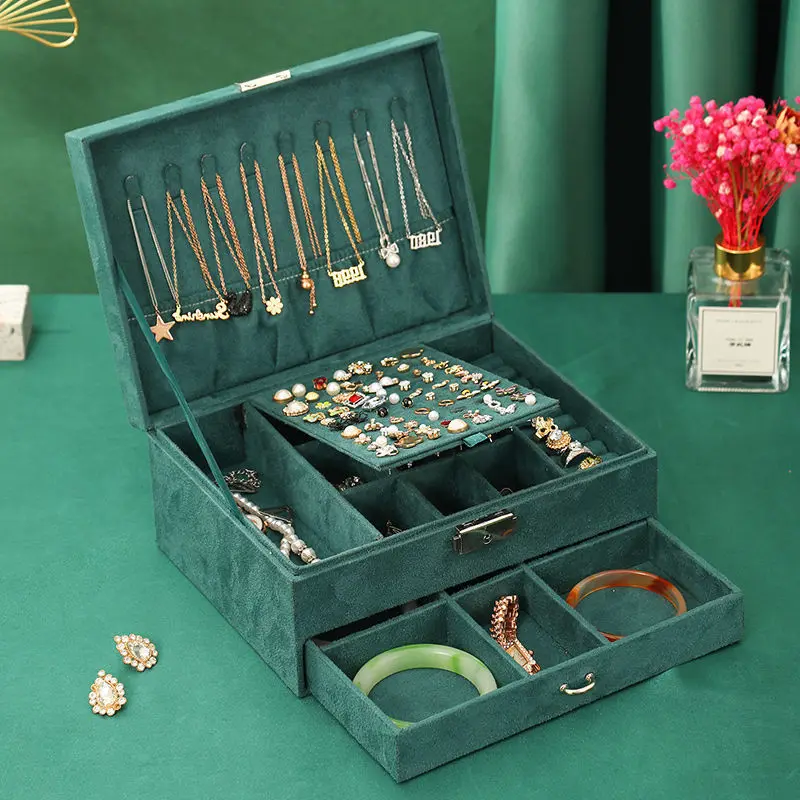 

Бархатная 3-уровневая шкатулка для драгоценностей в стиле ретро с большой емкостью, темно-зеленая шкатулка для хранения драгоценностей, запирающаяся портативная упаковка