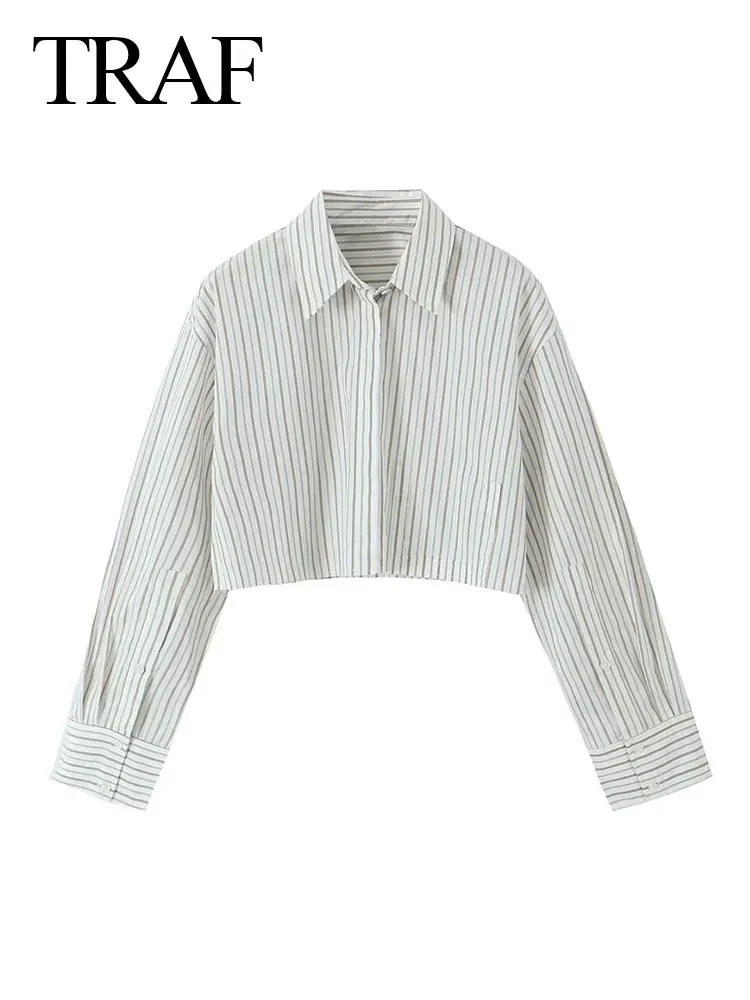

TRAF Women's Summer Fashion Casual Striped Cropped Shirt Long Sleeve Polo Collar Button Loose Shirt Ladies Cropped Top Y2K
