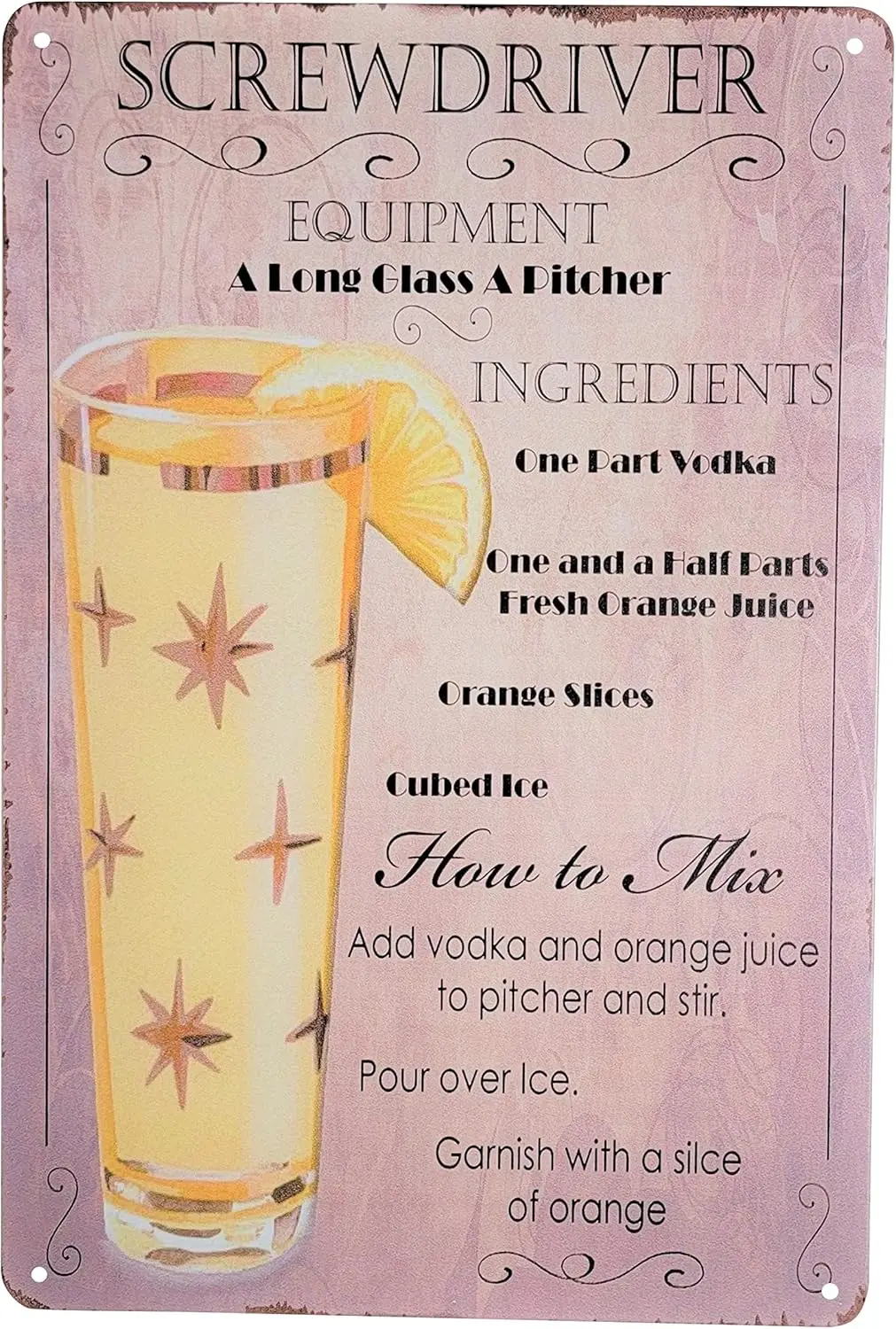 8&quot x 12&quot Populr Cocktls nd Mx Recpes Menu on Metl Tn Sgn Wll Decor Plque Poster (SCREWDRVER)