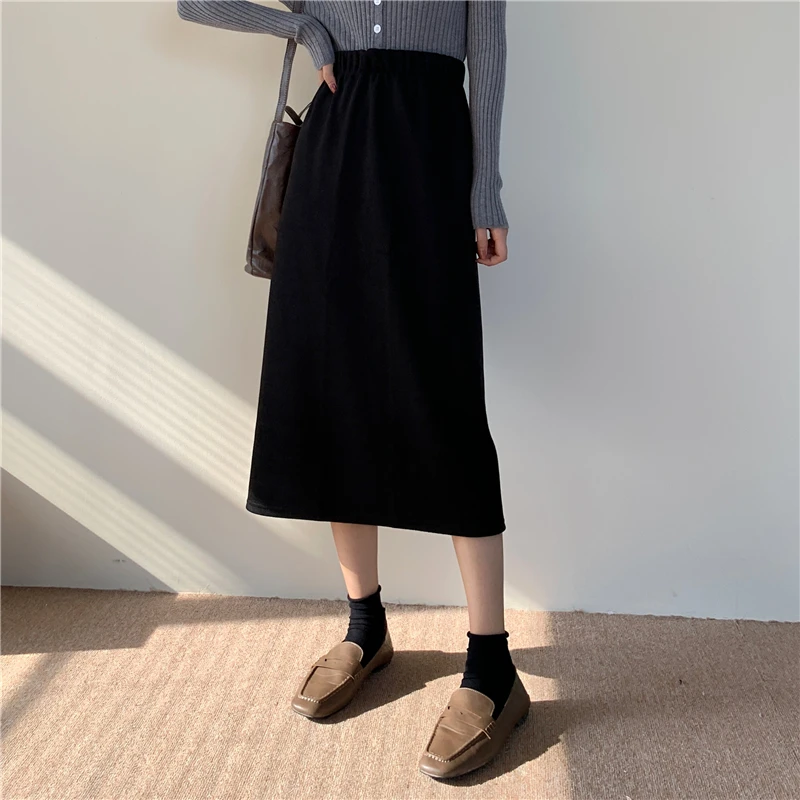 

Vintage Corduroy Midi Skirt Elastic High Waist Solid Korean Daily Autumn Straight Skirt Women New Winter Casual Fashion Skirt