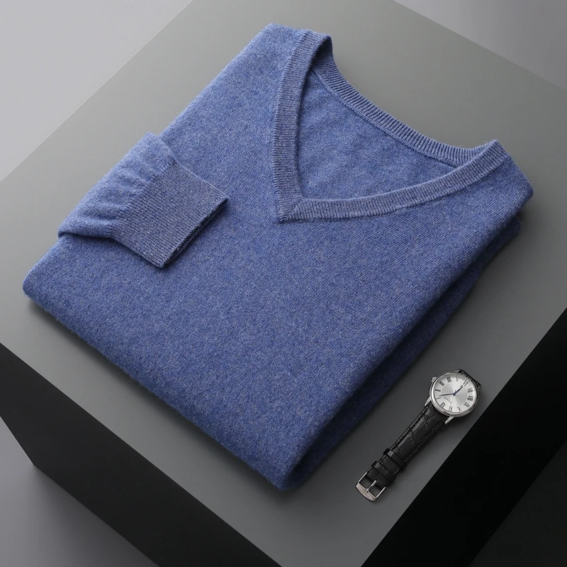 100% pure cashmere sweater men's V-neck pullover spring and autumn new knitted base sweater long sleeve