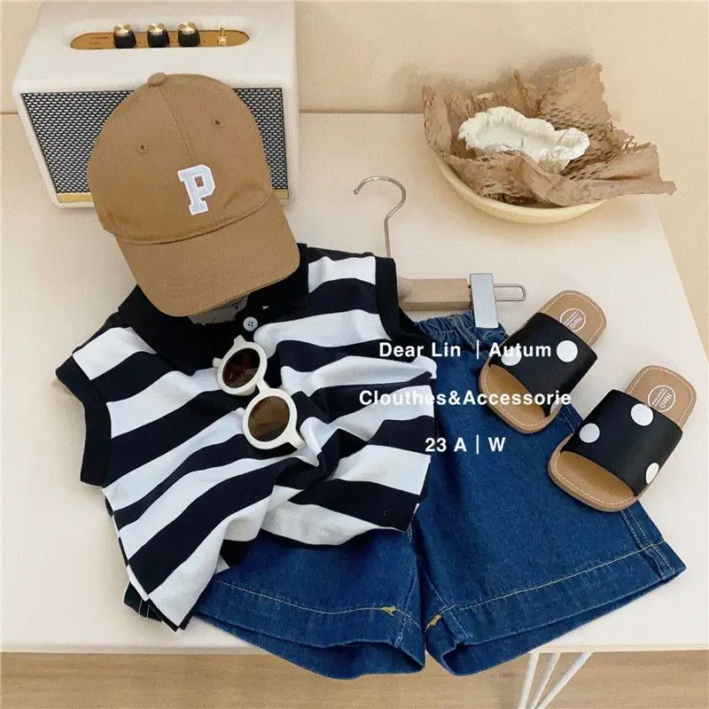 

Children's summer suit 2023 new boys and girls style baby sleeveless vest handsome net red blast street two-piece set