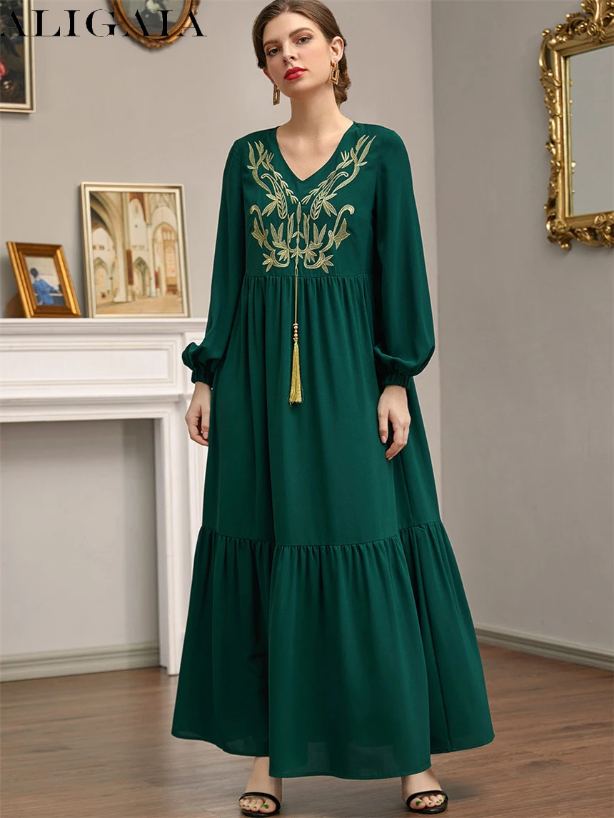 

Aligaia Spring Autumn Flower High Waist O-Neck Woman Dress Vintage Embroidered Long Sleeve Patchwork Pleated All-match Female