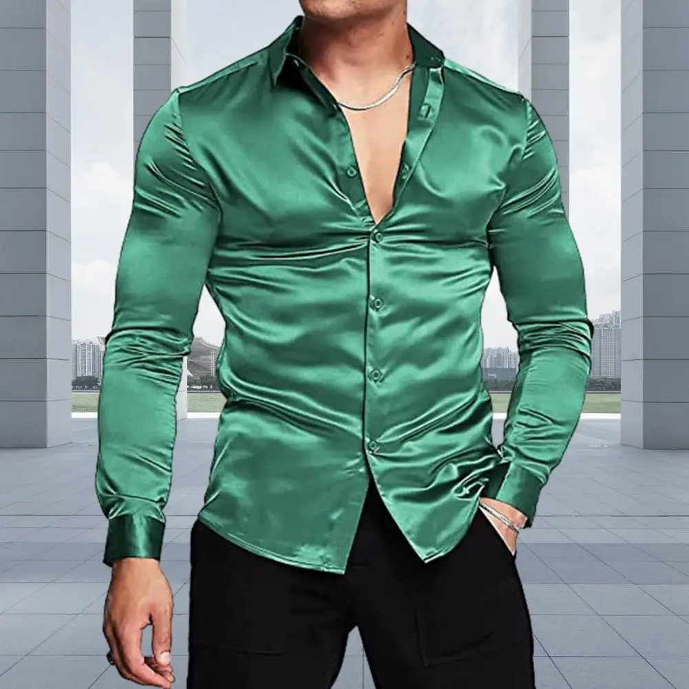 

Mens Satin Silk Dress Shirt Long Sleeve Slim Business Formal Casual Tops Classic