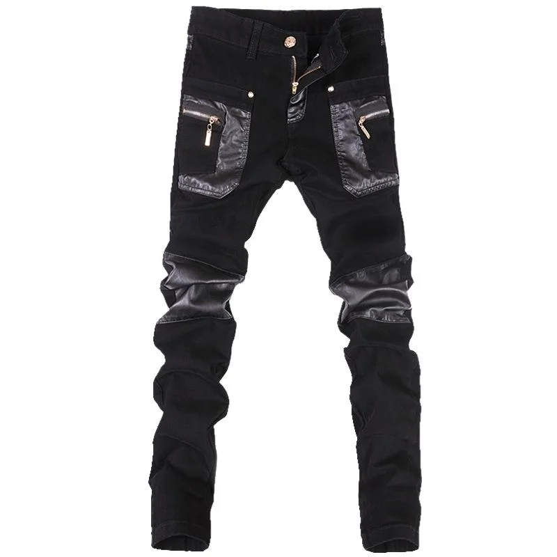 

Style Punk Slim Hip Hop Jeans Homme Faux Leather Motorcycle PantsTrousers For Male Stage Club Wea Patchwork PU Leather Pant Men
