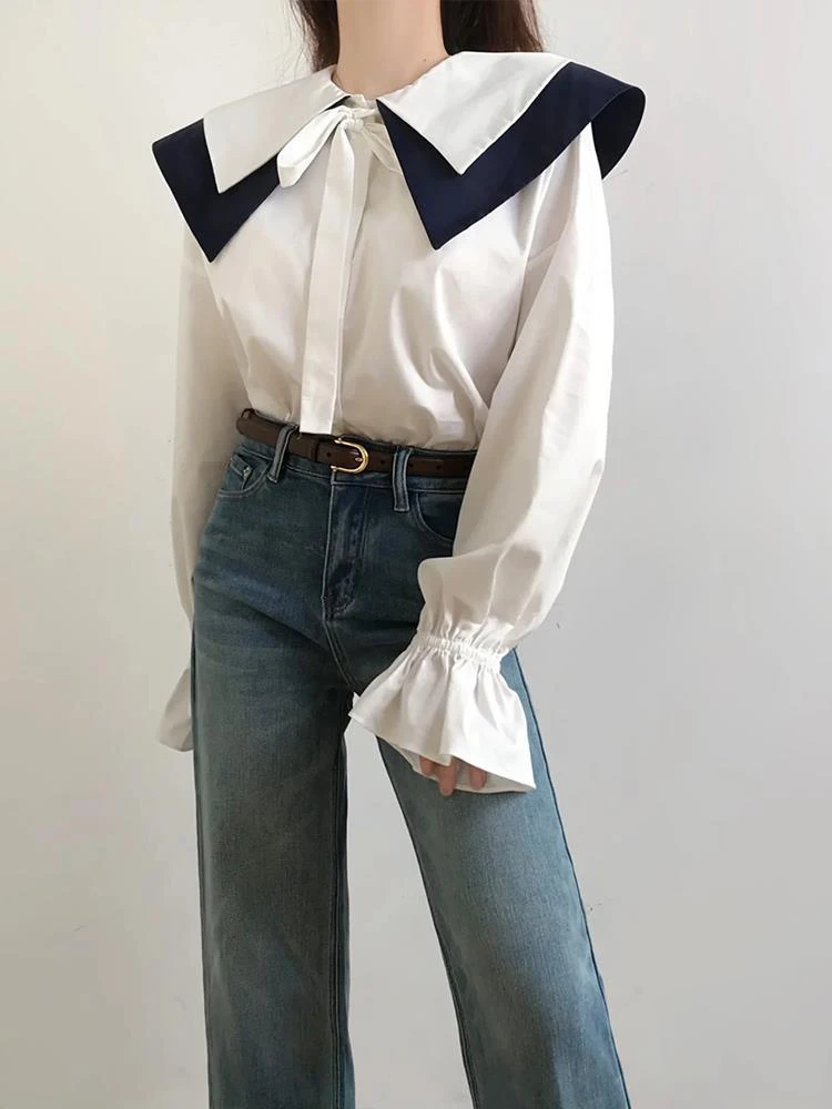 2023 весенняя новая женская белая рубашка с длинным рукавом в японском стиле