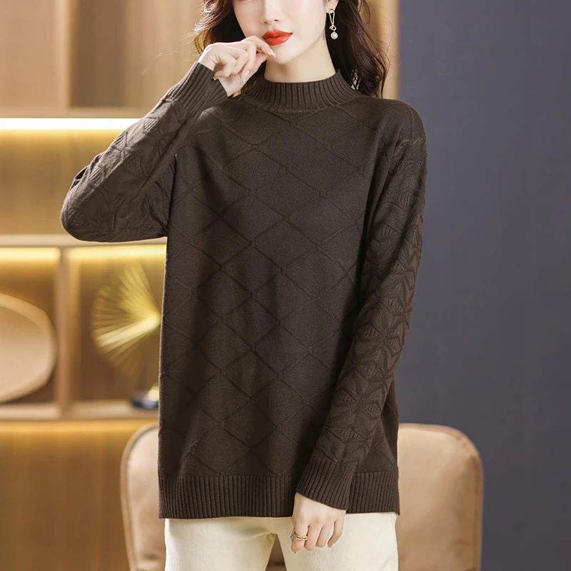 Очень большой осенне-зимний свитер с полувысоким воротником свободный 100 00 кг