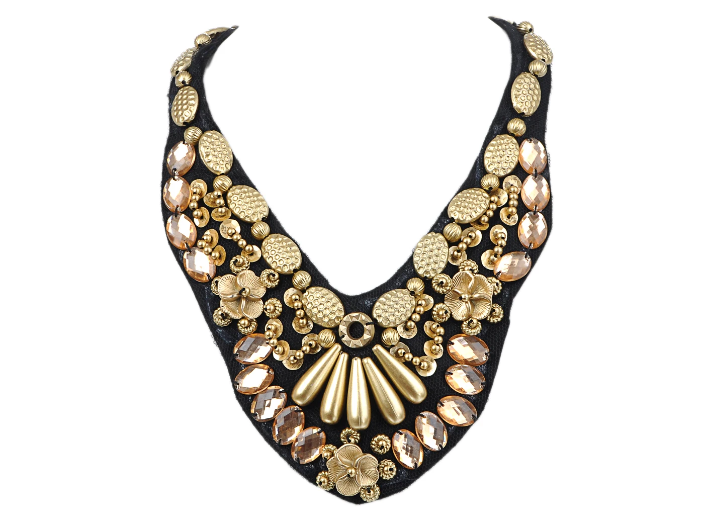 

Golden Mermaid Floral Beaded Peach Tone Fashion Bib Necklace
