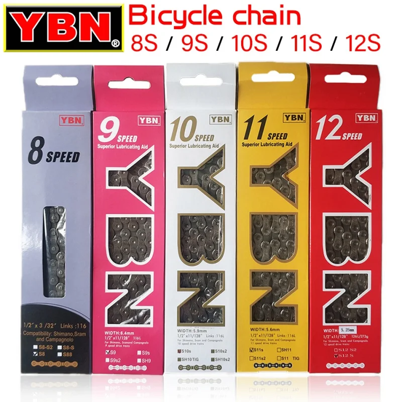 

YBN Bicycle Chains MTB Mountain Road Bike Chians 8/9/10/11 Speed Hollowed Bicycle Chain 116/128 Links Silver S11S for m7000 XT