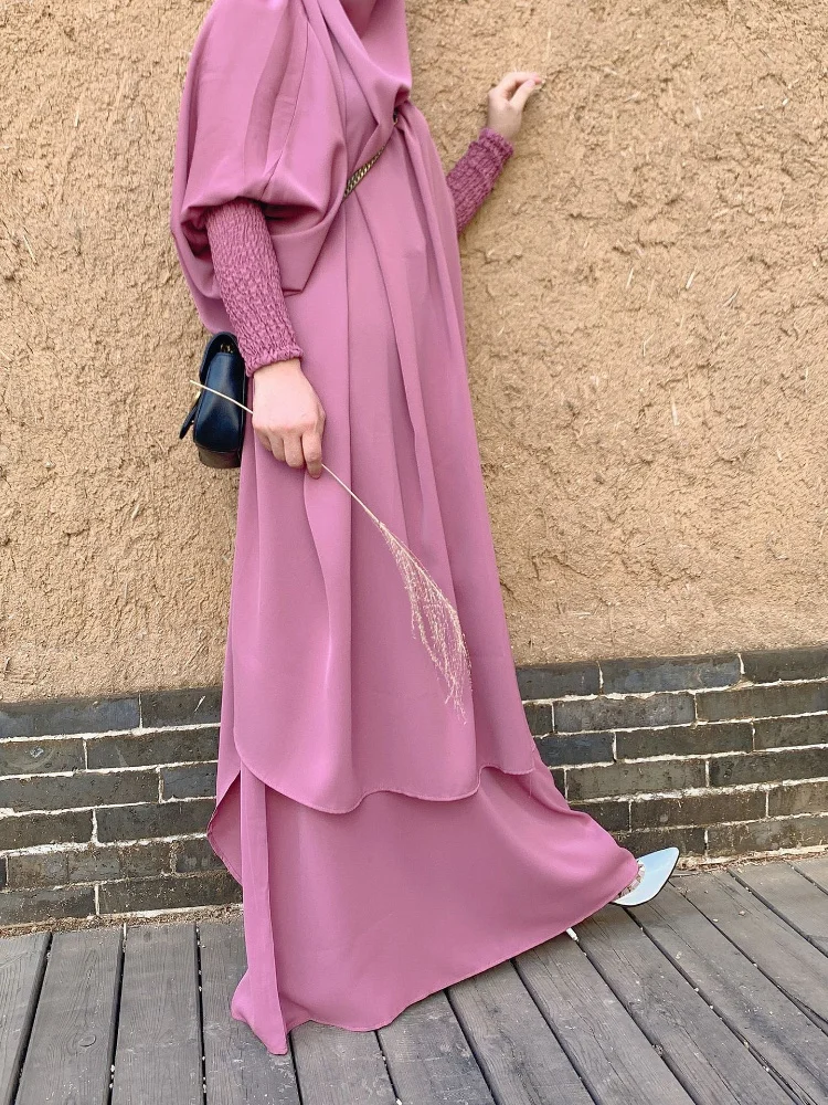 Ramadan Eid Jilbab Two Piece Muslim Set Prayer Garment Nida Abaya Dress Women Long Khimar Hijab Robe Kaftan Niqab Islam Clothes