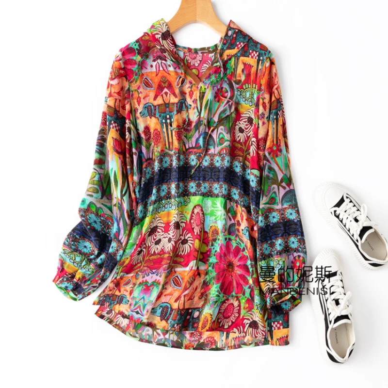 

Indie Folk Print Natural Silk Womens Tops and Blouses Long Sleeve Top Women Hooded Thin Single-piece Set Blusas Mujer