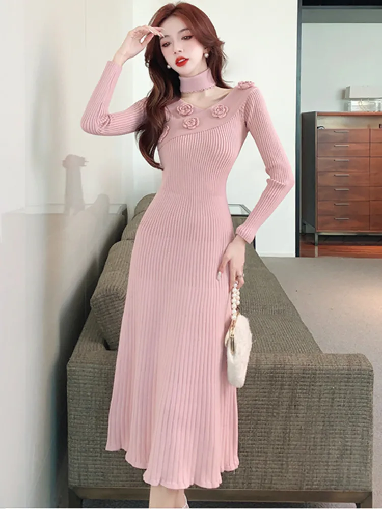 

SMTHMA New Autumn Winter Sexy Slash Neck Celebrity Temperament Sweater Dress Women3D Flower Knitted Slim Waist Long Dress