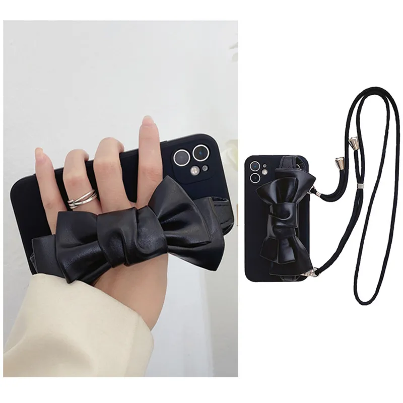 

Korea Leather Bow Wrist holder Stand Phone Case for iPhone 14 13 12 11 Pro Max X XR XS 7 8 Plus With Lanyard Necklace Shoulder