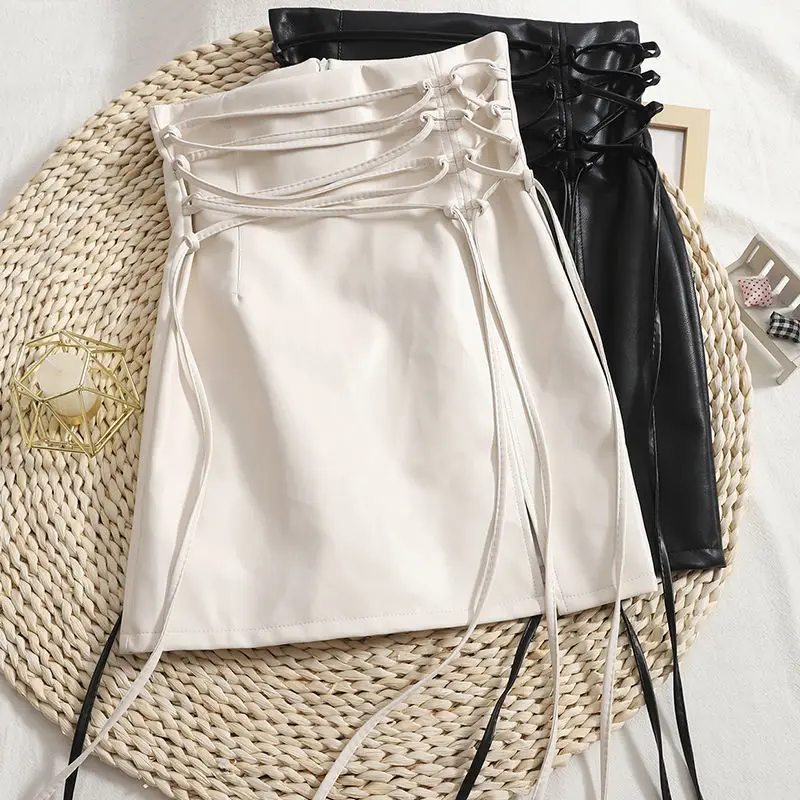 

Gothic Pencil Skirt Woman Pu Hippie Mini Leather Punk Lace Up 2023 New High Waisted Sexy Club Beige Black Y2k Skirts Lolita