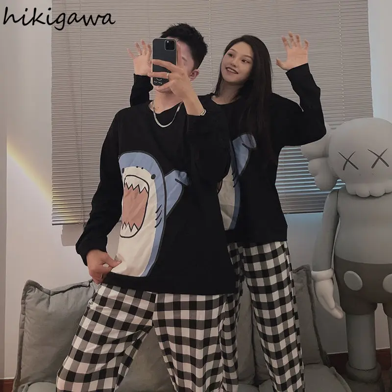 Hikigawa Милая женская пижама с принтом акулы осенняя черная Пижама для пар кавайная