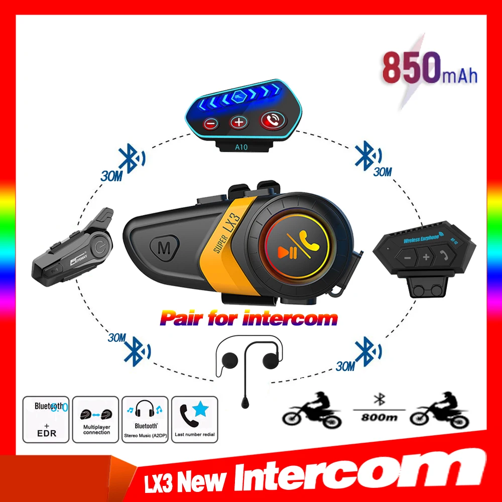 

LX3 Motorcycle Bluetooth Helmet Headset Intercom 2 Riders 800M Wireless BT Intercomunicador Moto Intercomunicadores de casco