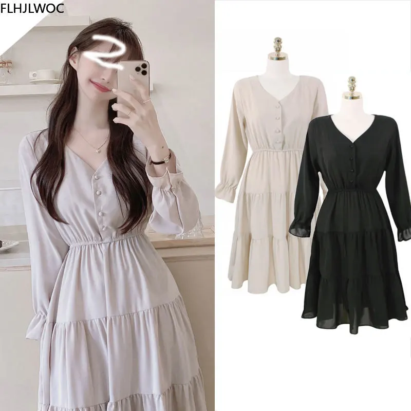 

2020 Autumn Womens Long Sleeve Slim Waist A Line Korean Japan Style Cute Sweet Girls Solid Black Long Dress 09020